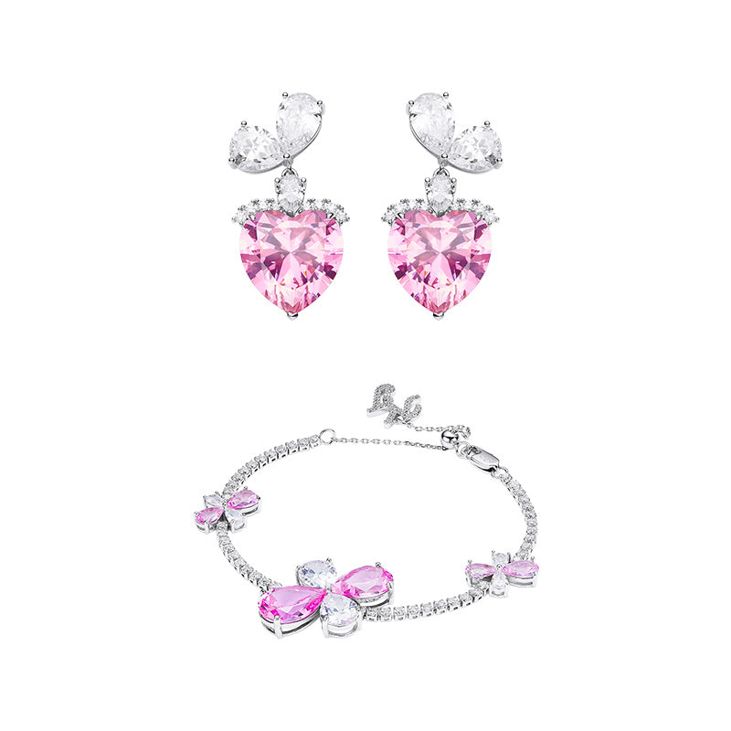 Little Flower And Pink Heart Bracelet and Earrings Set
