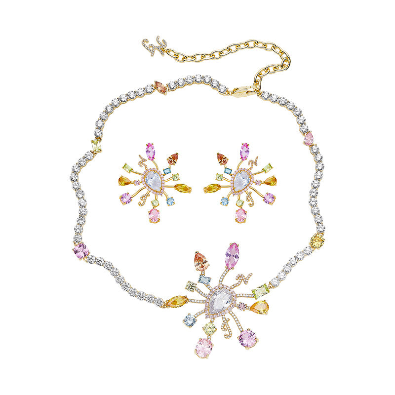 Colorful Zircon Firework Earrings And Necklace Set