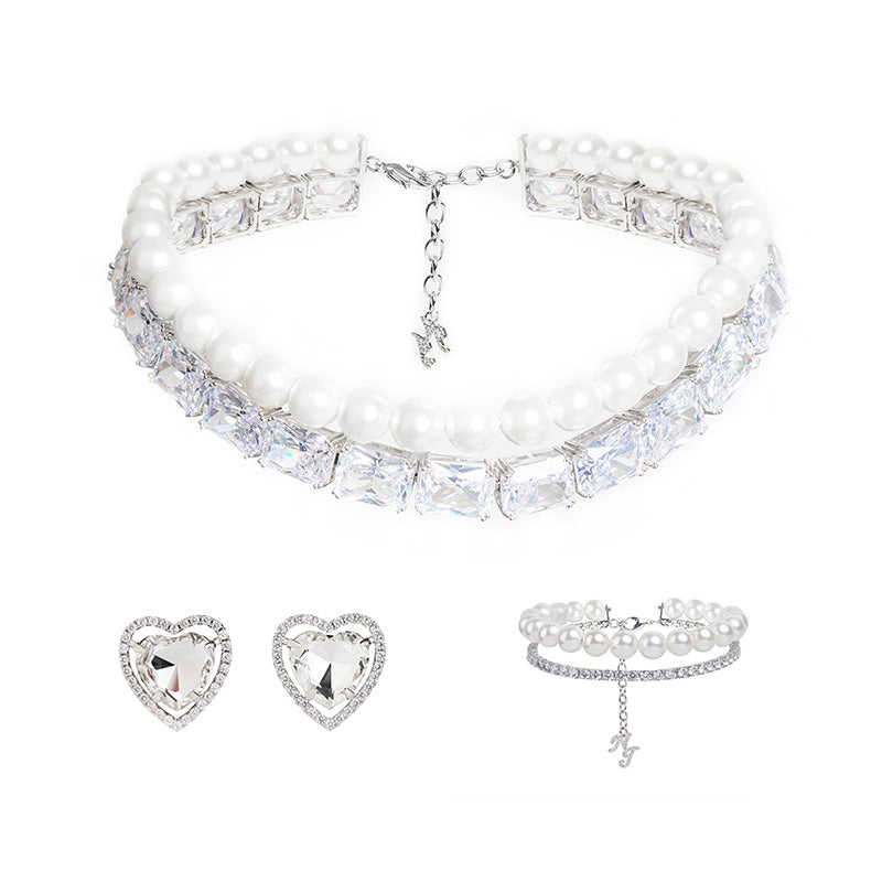 Casual Pearl Diamond-Shaped Choker Necklace Earrings Anklet 3 Set