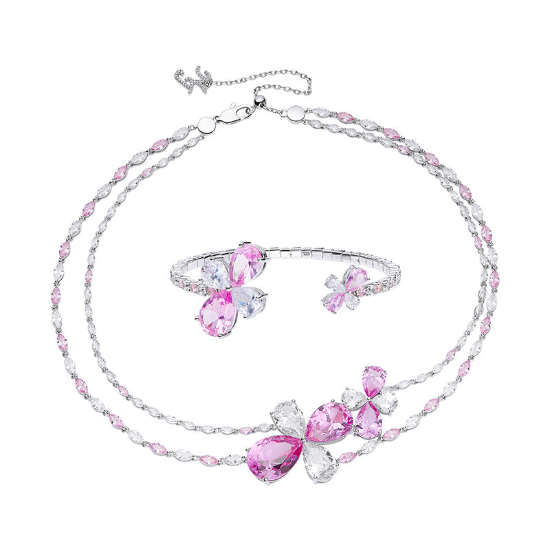 Flower Open Bracelet With Double Layer Necklace