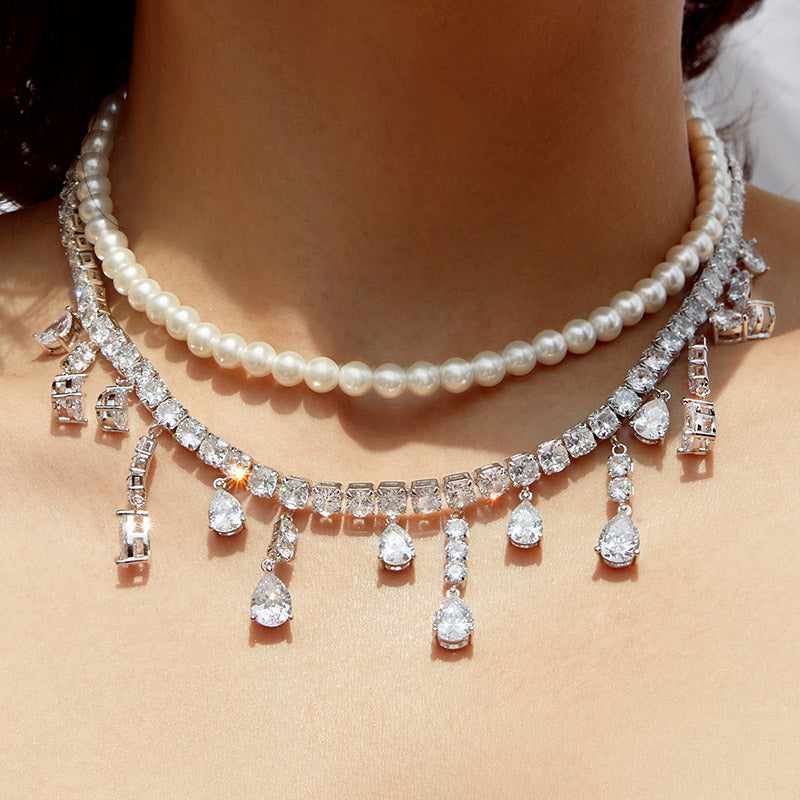 Double Layer Pearl Choker Necklace Earrings Set