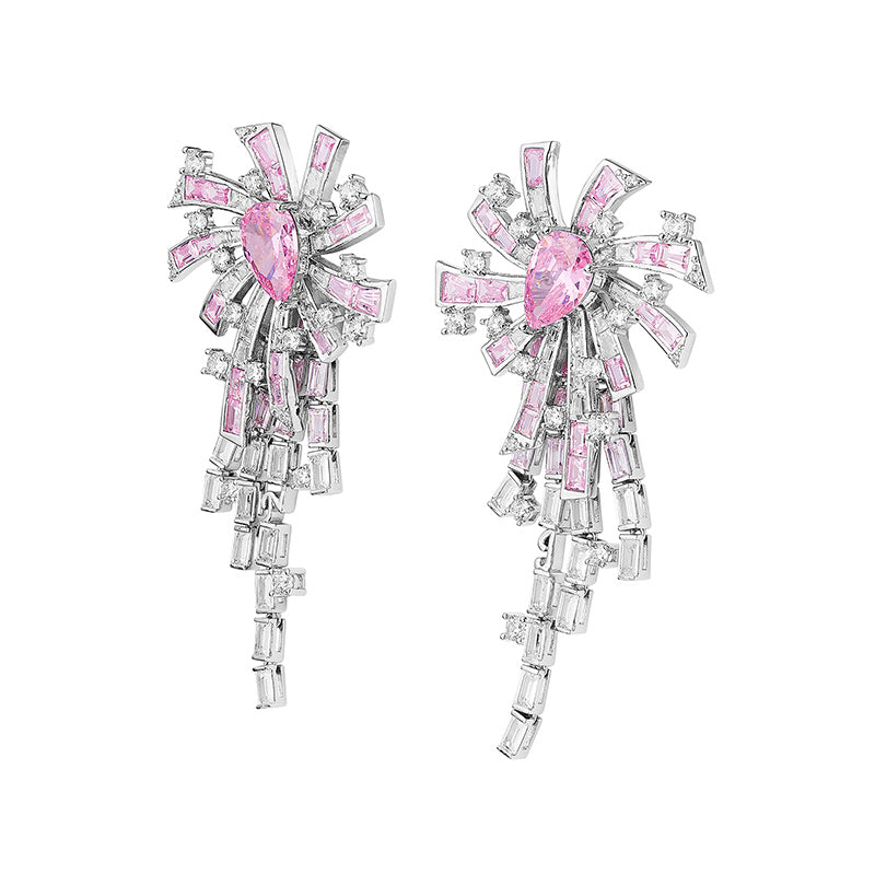 Pink Gradient Zircon Tassel Earrings With Necklace Set