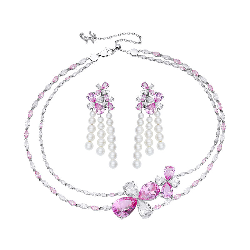 Flower Double Necklace Earrings Set
