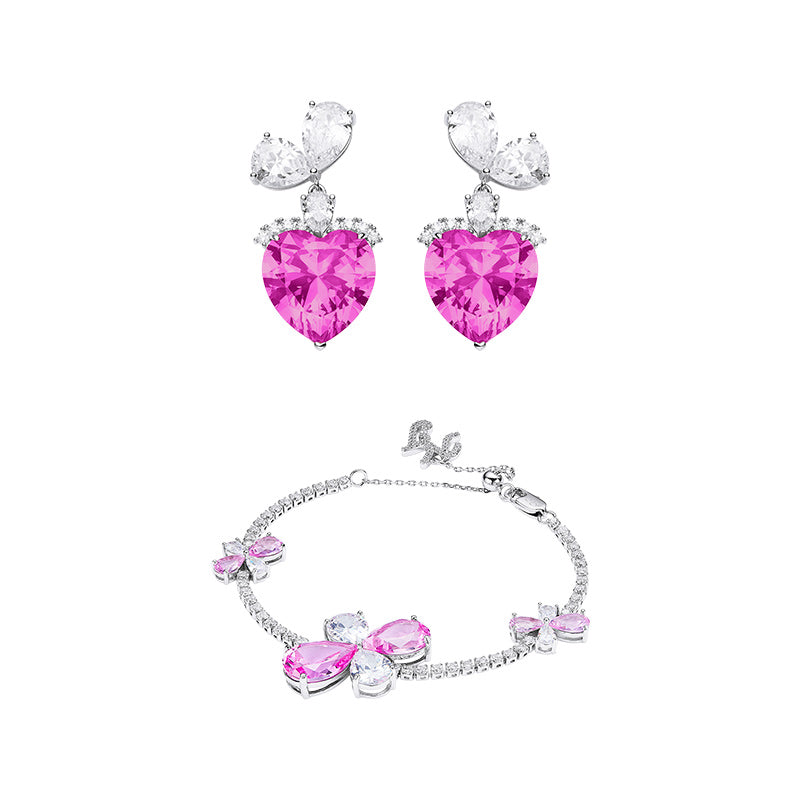 Little Flower And Pink Heart Bracelet and Earrings Set