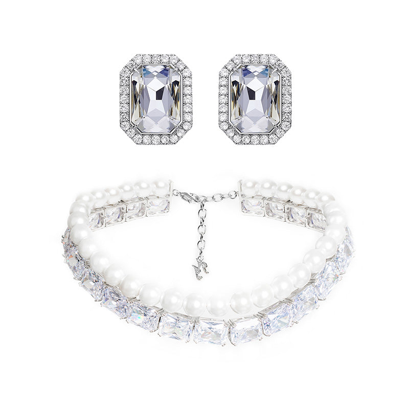 Crystal Stud Earring Choker Necklace Sets