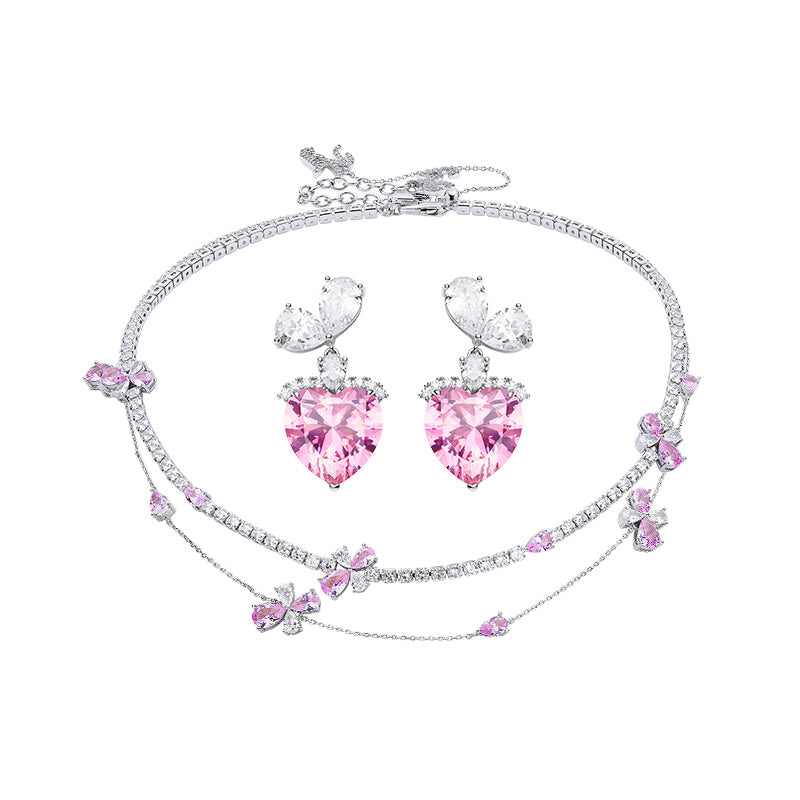 Light Pink Love Earrings and Flower Necklace Jewelry Sets 3 Pcs