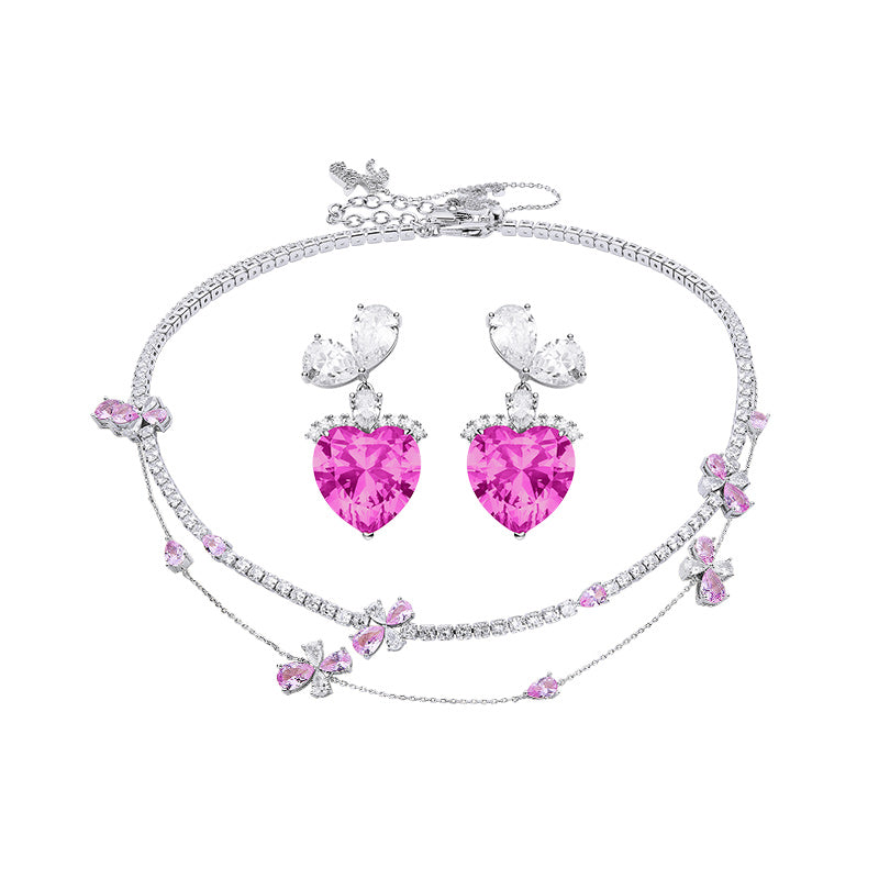 Ins Style Love Heart Shape Earrings and Flower Necklace Jewelry Sets 3 Pcs