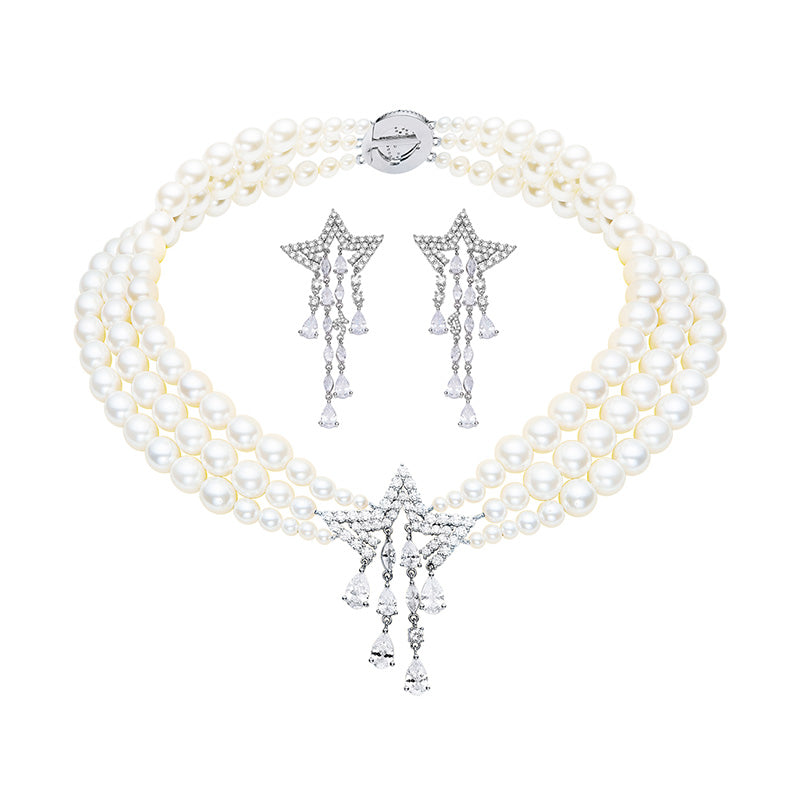 Gorgeous White Pearl Triple Layers Shooting Star Necklace Earrings Set