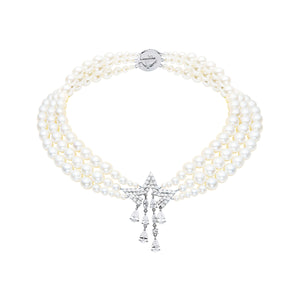 Triple-layer retro style pearl star necklace