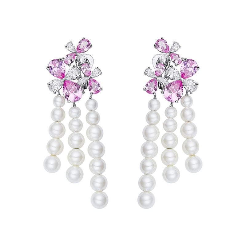 Floral Pearl Tassel Earrings Necklace Set