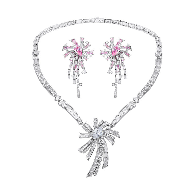 Pink Gradient Zircon Tassel Earrings With Necklace Set