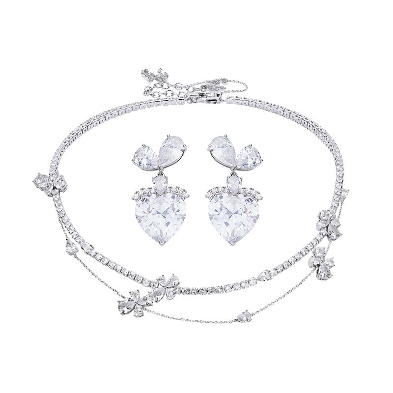 Love Heart Shape Earrings with Flower Necklace Jewelry Sets 3 Pcs