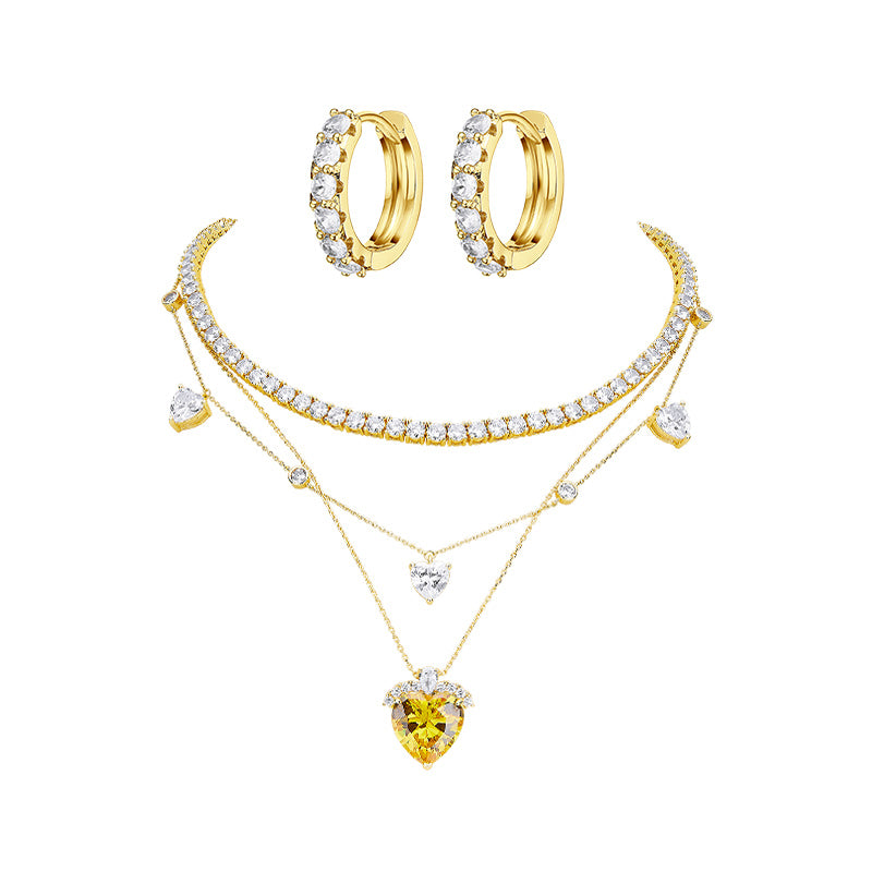 Love Heart Necklace and Circle Stud Earrings Set 4 Pcs