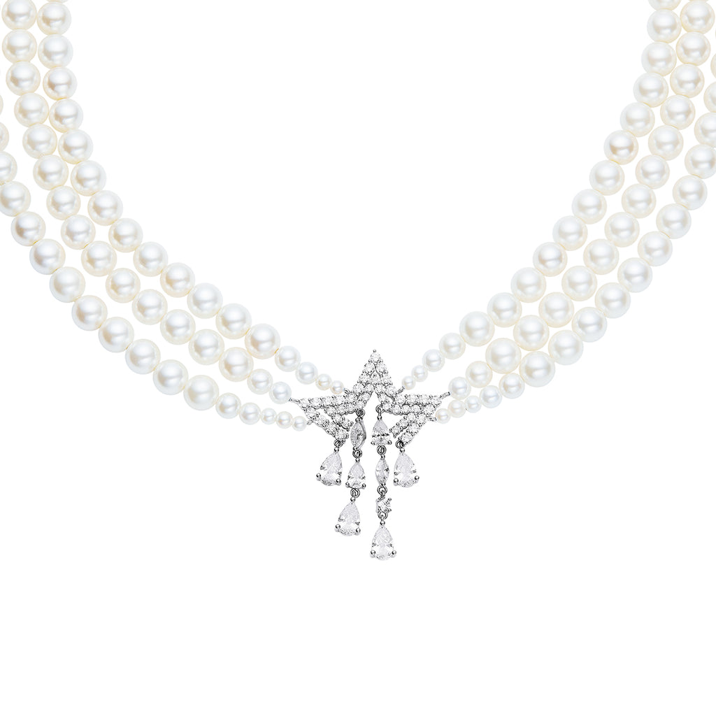 Triple-layer retro style pearl star necklace