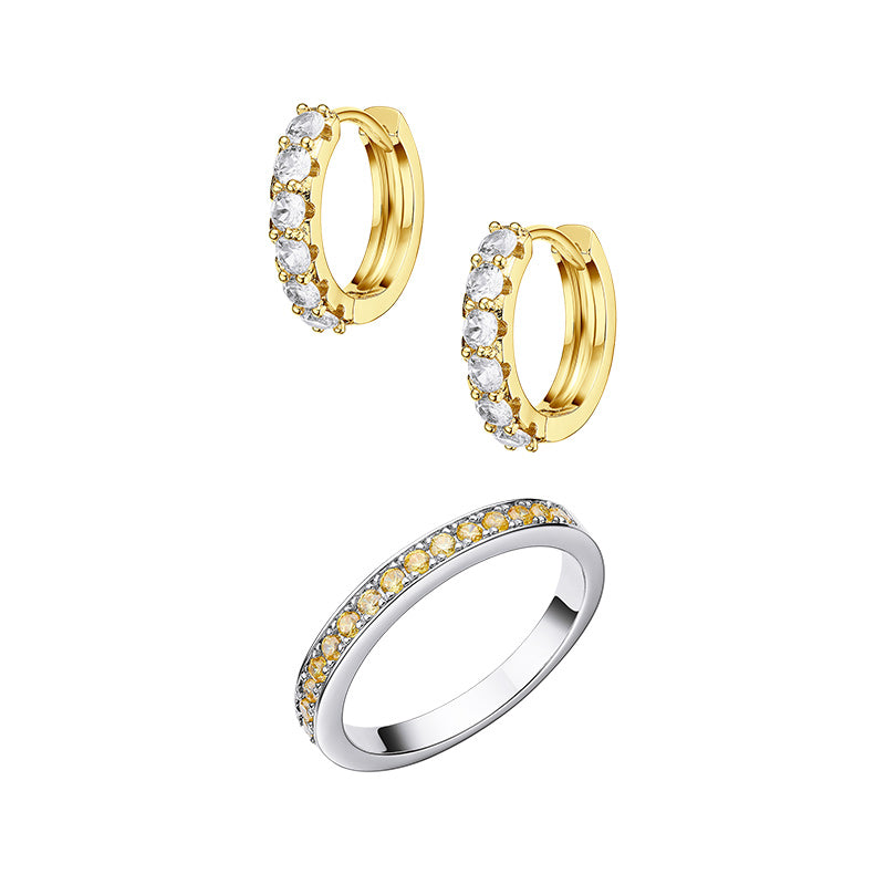 Simple Circle Sparkle Ring and Hoop Earrings Set 2 Pcs