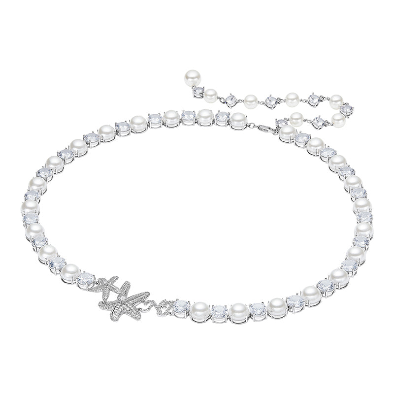 Luxury Zircon Shell Pearl Waist Chain and Earrings Jewelry Sets 2 Pcs