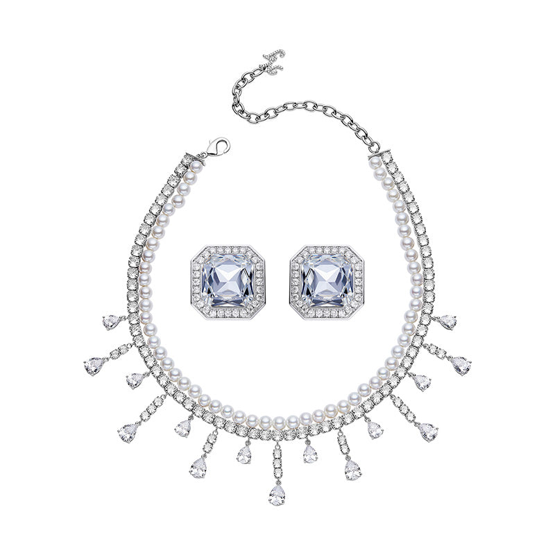 Diamond-shaped Water-dropping Daily Everyday Necklace Earrings Set